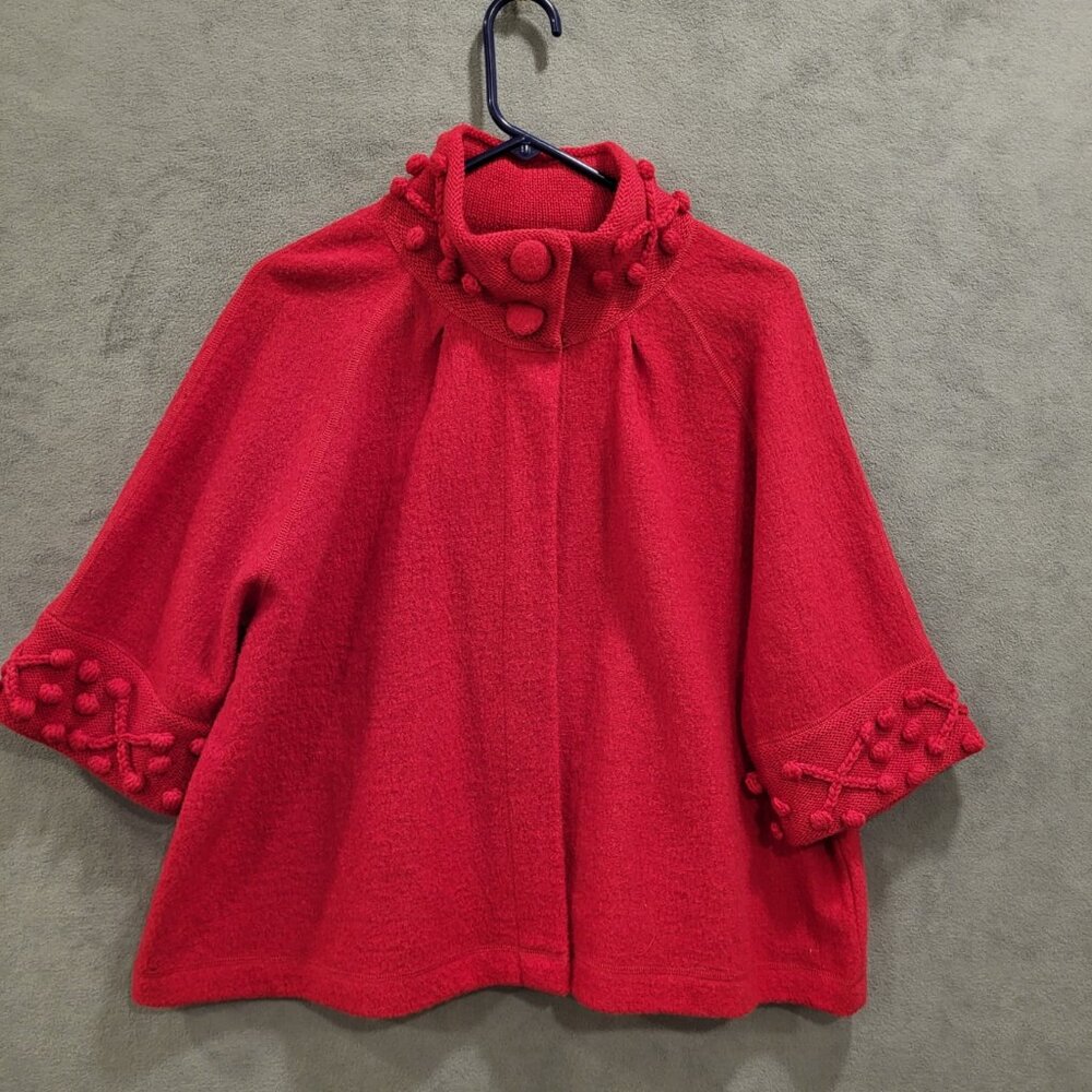 For Cynthia Red Boiled Wool Cape Jacket Women's Large‎ Pom Pom Trim Cottage Twee